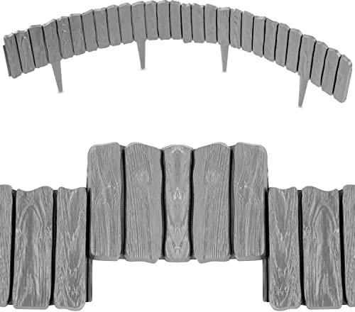 Grey Lawn Edging Border - 2.26 m / 7.4 ft Long Garden Palisade with Wood Bark Effect - Fencing with Ground Stakes - Perfect for Flower Beds, Lawn, Patio, Pavement