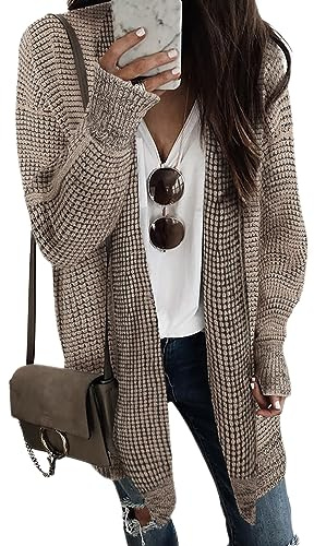 Sidefeel Sweaters for Women Trendy Long Sleeve Open Front Chunky Knit Oversized Checkered Cardigan Sweaters Winter Coat Mocha Brown Large
