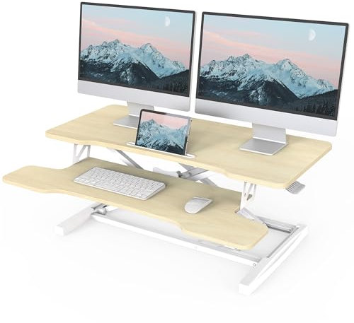 FITUEYES Höhenverstellbar Schreibtischaufsatz Büro Sitz Steh Computertisch 92 x 40 cm Stehpult mit Tastaturablage Geeignet für Zwei Monitore Eiche
