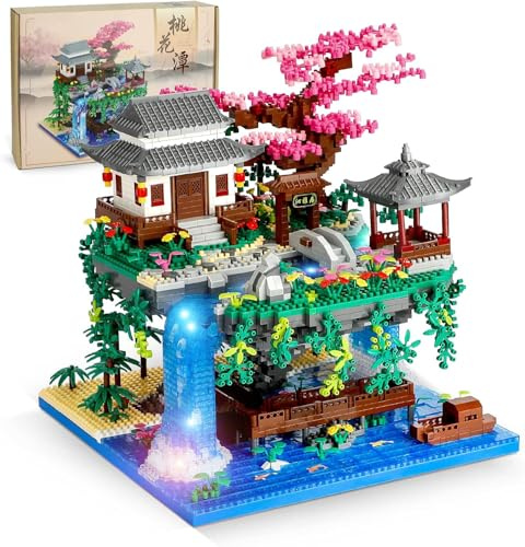 QLT Peach Blossom Pond Japan Flowers LED House Micro Building Blocks，Not Compatible with Lego, Cherry Bonsai Architecture Gift Toys for Adults