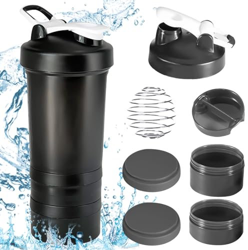 BAIFULAI Protein Shaker mit Pulverfach und 3er Tablettenorganizer, 600ml Shaker Proteinshake, Eiweiß Shaker, auslaufsicher, BPA frei, Shake Becher, Proteinshaker für Fitness Proteinshake (Schwarz)