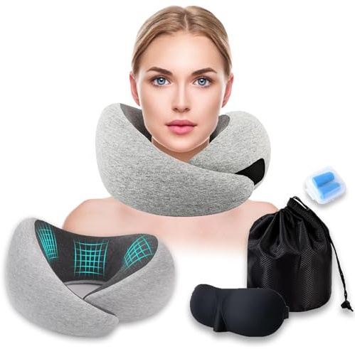 YAOJUCYE Travel Neck Pillow for Airplane, Memory Foam Flight Pillow for 360° Neck Support with Travel Bag & Eye Mask & Ear Plugs Adjustable Long Haul Flight Pillow for Travels Gifts - Grey