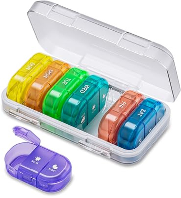 ONTERATE Pastillero Semanal para 3 Tomas Diarias, Organizador de Pastillas Portátil para 7 Días, Pastillero Resistente a la Humedad con 21 Compartimentos para Vitaminas y Aceite de Pescado (Colorido)
