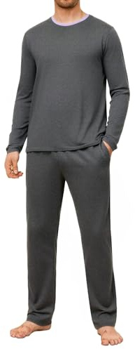 Crewhpo Pijama Hombre Largo Invierno Conjunto de Pijamas Manga Larga Algodón Ropa de Dormir 2 Piezas Cuello Redonde Tops Pijama y Pantalones