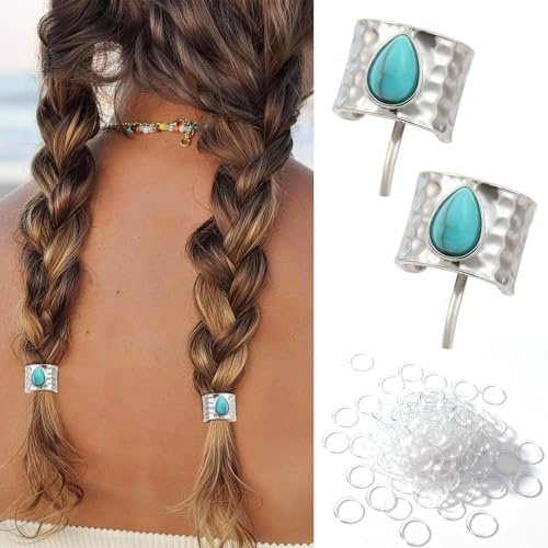 Cuxawamiyo Silver Hair Accessory with Turquoise Detail for Braids and Ponytails Boho Western Style Elegant Hair Accessory with Mini Hair Elastics