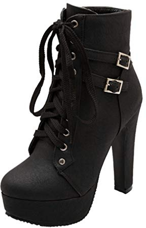Birdsight Mode Bottine Femme à Lacets Cheville Courtes Hiver Ankle Boots Boucle Plateforme Talon Bloc Carrés Haut Chaussures Chaud Winter Bootie Chunky Heels(Noir,37)