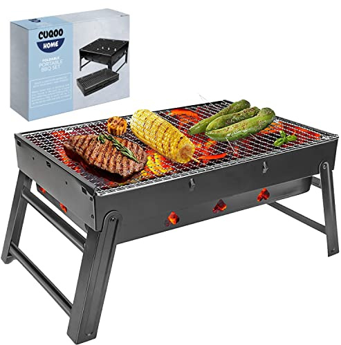 CUQOO Easy-to-use Portable BBQ Grill – Foldable Outdoor Travel BBQ | Charcoal Barbecue Perfect for Camping, Garden, Picnic | Folding Stainless Steel Smoker
