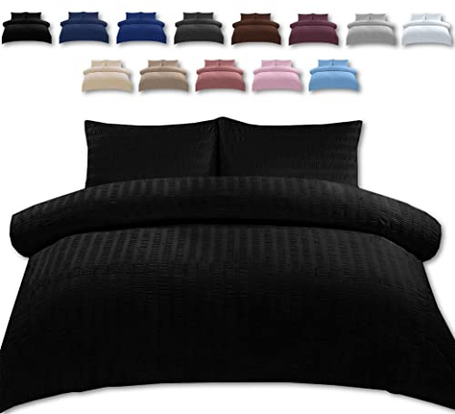 TheWhiteWater Double Bed Duvet Set - 2 in 1 Seersucker Double Bedding Set - Duvet Cover + 2 Matching Pillowcases - Natural Cotton + Virgin Polyester - Seersucker Pattern (Black - Duvet Cover ONLY)