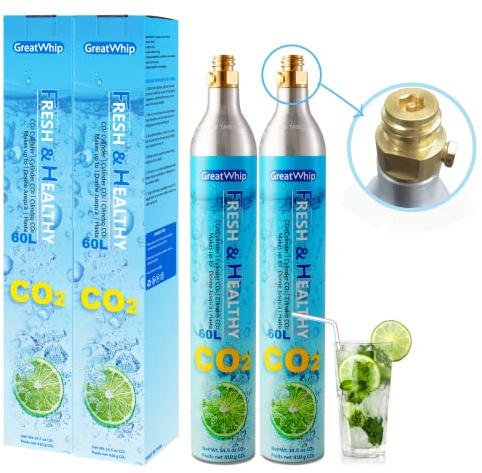 GreatWhip 60 Liter CO2 Gas Cylinder, Compatible with SodaStream, Aarke Screw In Carbonators, 14.5 oz Thread Refill Cartridges, Making Fizzy Carbonated Sparkling Water, 2 Pack