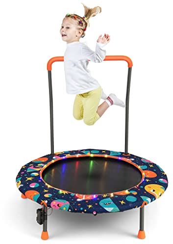 COSTWAY Trampoline Enfant Ø92CM avec 21 Lumières LED & Poignée Amovible, Mini Trampoline Exterieur Enfant avec Motif d'Astronaute & Tapis Antidérapant pour Enfant de 3-6 Ans