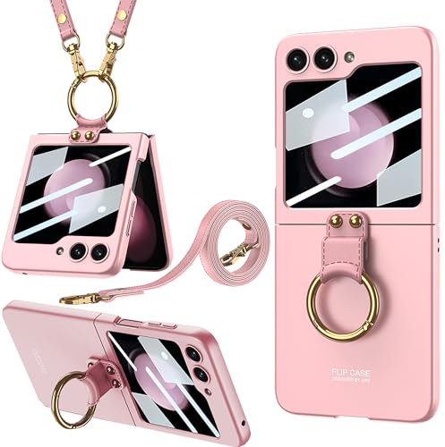 Miimall Custodia con Laccetto Compatibile con Samsung Galaxy Z Flip 5, Cover Antiurto in PC con Pellicola HD per Piccoli Schermi, Cavalletto Regolabile ad Anello, Case Sottile per Z Flip 5, Rosa