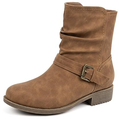 VJH confort Women's Mid Calf Boots, Comfort Buckle Slouchy Booties with Side Zipper(Camel,8.5)