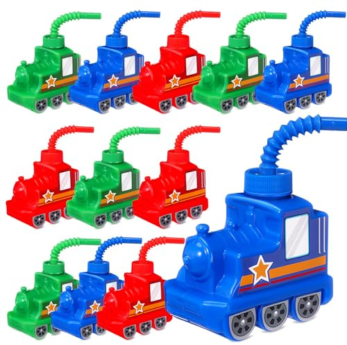 Tanlade 12 Sets 10 oz Train Cups for Kids Bulk Plastic Traffic Vehicle Shape Cup with Straw Train Birthday Party Decorations Supplies for Car Birthday Party Favors