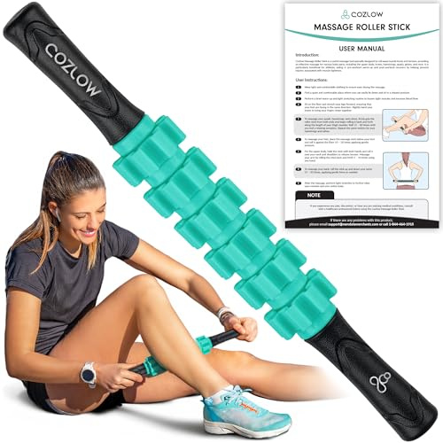 Massage Roller Stick - Green - Hand Held Body Massager with 9 Rollers & Non-Slip Handles - Deep Tissue Massage & Muscle Recovery - Leg, Back, Arm, Thigh, Butt Sculpting Tool - by Cozlow