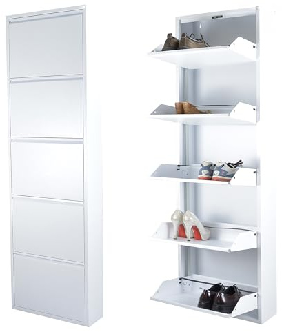 Atahome Slim Shoe Cabinet Tall Narrow Shoe Storage Cabinet for hallway wall mounted thin flip down Metal Shoe Rack Storage Organiser Shoe cupboard Indoor Lydia 5-Drawer Tier (White)