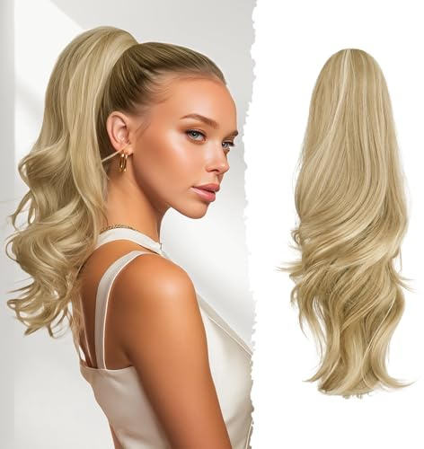Sofeiyan Lange Gewellt Pferdeschwanz mit Klammer, Dual-Use-Design Ponytail Extension, 41 cm Synthetik Claw Clip in Haarverlängerung Zopf für Frauen, Honigblond mit Platinblonden Strähnchen