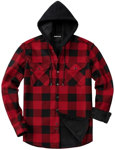 PARKLEES Men's Flannel Hooded Plaid Shirts Jacket Lined Warm Casual Padded Checked Button Down Shirts Red Large