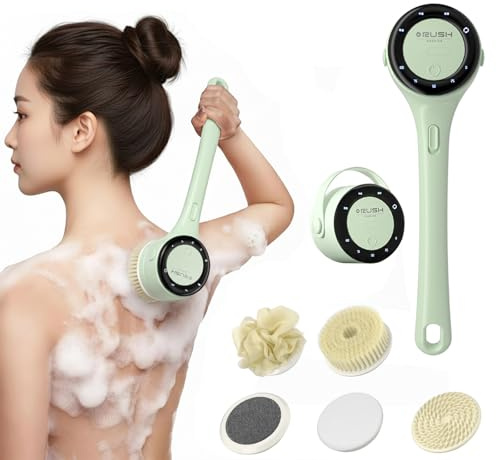 Elettrica Spazzola Schiena Doccia, Spazzola Corpo con Manico Lungo Rimovibile, Spazzola per il Corpo Elettrica con 5 Testine per la Pulizia della Pelle e del Corpo, Massaggio, Esfoliazione (Verde)