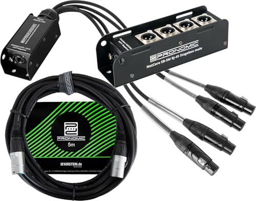 Pronomic NetCore SB-3M/SP-3F Set Da 5 M - Sistema Multicore Audio A 4 Canali - Stagebox Con 4 Prese XLR & RJ45 - Pigtail Con 4 Connettori XLR & RJ45 - Incluso Cavo Di Rete CAT5e Da 5 M - Nero