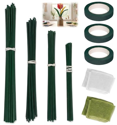 100 stycken blomtrådstavar-set, blomtråd med 3 blomband och 2 satinband, blomtråd för pyssel, blomstamtråd, flexibel, för bukett, blombukett, blomhantverk, grön