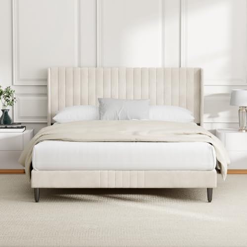 CozyLiving King Upholstered Bed Frame with Cozy Tufted Headboard, Wood Slat Support, No Box Spring Needed - CHARLIE (Beige)
