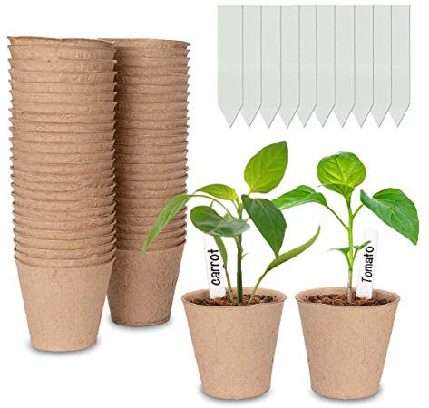 Cymax Lot de 50 Pots de semis en Fibre biodégradable de 8 cm avec 50 étiquettes de Plantes, Godets Semis Plantes Biodégradables, Fleurs, Pots de semences pour Germination du Jardin