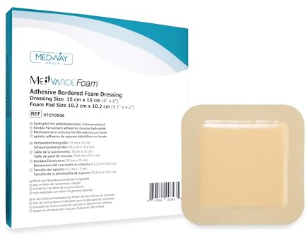 MedVancTM Espuma: apósito adhesivo de espuma hidrofílica con borde 15 cm x 15 cm (almohadilla de 10 cm x 10 cm) Caja de 5 apósitos