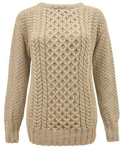 New Ladies Women Cable Knit Long Sleeve Knitted Jumper Sweater Crew Neck Pullover Top 8-30[Stone,SM]
