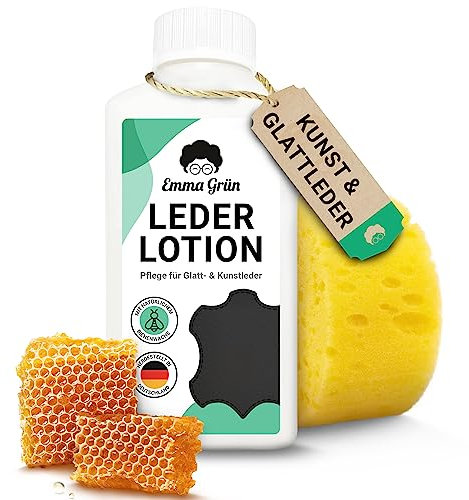 Emma Grün® Lederpflege für Ledercouch & Sofa 250ml [MIT BIENENWACHS] - Glatt- & Kunstleder Pflege - Lederpflege Auto Autositze - Pflegemittel Sofa, Jacken & Autoleder (+SCHWAMM) - Made in Germany