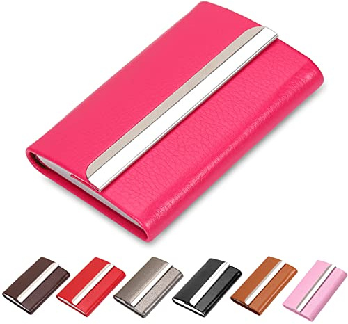 Waylipun porta biglietti da visita, custodia in pelle PU di lusso per biglietti da visita, Porta Biglietti da Credito in Acciaio Inox con fibbia magnetica per Uomini e Donne（rosa rossa）