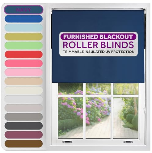 FURNISHED Roller Blinds Window Blackout, Navy Blue, 220cm Wide x 210cm Long | Thermal 100% blackout trimmable insulated UV protection child safe easy fit home office window blinds