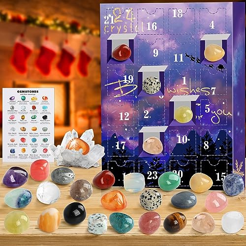 JELMOK Calendario Avvento 2025 Cristallo, 24 Giorni Naturali Cristallo Rocce Pietra Minerali e Fossili Calendario dell'Avvento 2025 Natale Regalo per Bambini, Uomini, Donne, Ragazzi, Ragazze