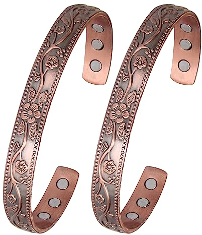 MagEnergy Kupfer Magnetarmband für Frauen, 99,99% reines Kupfer Manschette Armreif mit 3500 Gauss Magneten, verstellbare Brazaletes mit Schmuckschatulle (2 Stück)