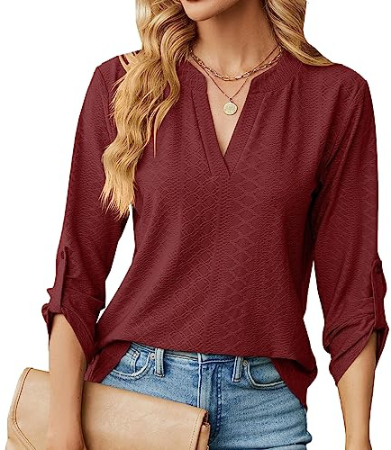 Chemisier élégant à Col en V pour Femme Chic Chemisier Ample à Manches Enroulables à 3/4 Manches Longues Lâches Hauts Tuniques de Base T-Shirt Blouses(S-XXL)