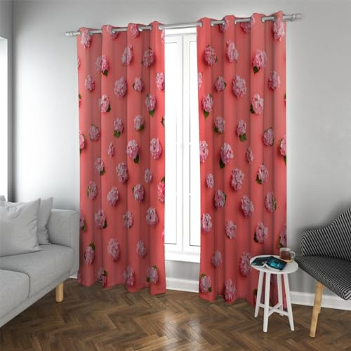 YUNART Rosa Verdunkelungsvorhänge für Wohnzimmer Hortensie Blumenmotiv Vorhänge Schlafzimmer Rustikale Vorhänge Wärmeisolierte Fenstervorhänge 2X W180xL250cm
