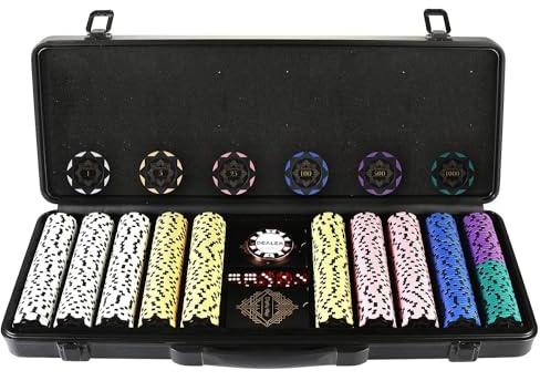 display4top Clay Poker Chips Set for Texas Holdem,Poker Chips with Denominations,Features a high-end Carrying case with Leather Interior Design and German Polycarbonate Shell (500pcs-17.4g)