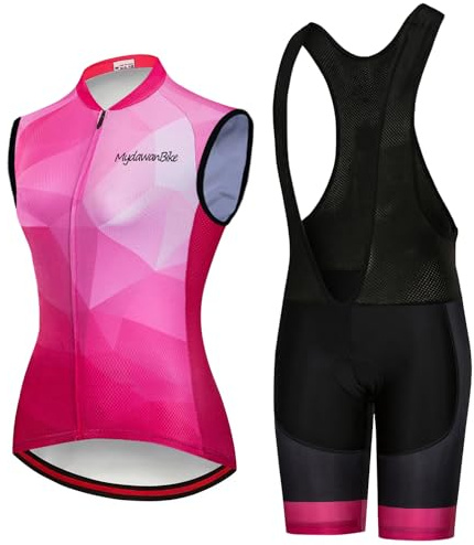 Conjunto Ropa Ciclismo Mujer Verano Maillot Ciclista,Traje Bici MTB Sin Mangas Chaleco Ciclo y Culotte Tirantes con 19D Gel Acolchado,Completa Bicicleta Jerseys Transpirable Secado Ráido(12,S)