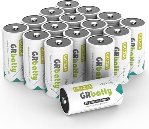 GRbatty CR123A Pilas de Litio 3 V，Pilas CR123A 1700mAh Alta Capacidad para cámaras y linternas, etc. Paquete de 16 (No Recargable)