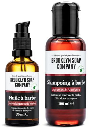 Brooklyn Soap Company Kit de soins de la barbe - Shampooing à barbe 200 ml & Huile à barbe 50 ml - Soins quotidiens & nettoyage pour toutes les barbes - Set cadeau pour hommes