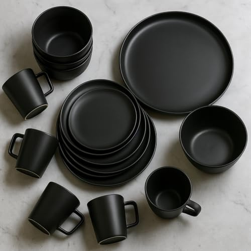 Black Stoneware Dinner Set 16-Piece, Rustic Black Dinnerware, Banquet Event Serving, Warm Inviting Dining Atmosphere, 8 Plates, 4 Mug Cups 380ml, 4 Bowls