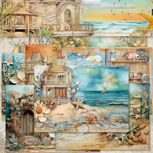 Scrapbook Papier Vintage Scrapbook Bastelpapier, A5 Scrapbooking Papier Meer Strand Dekorpapier, 40 Blatt Einseitiges Decoupage Papiere Block für DIY Kartenherstellung, 14.5 x 21 cm