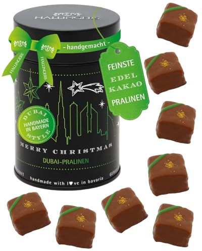 Hallingers Genuss Manufaktur Pralinen Geschenk Weihnachten – Dubai-Style ohne Alkohol, handgemacht aus Premium Edelkakao, edle Geschenkdose Merry Christmas Dubai, Geschenkidee für Frauen, Weihnacht