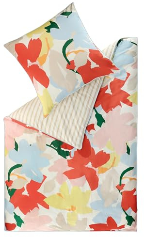 Esprit Satin Bettwäsche 140x200 Baumwolle beige - Luxus Bettwäsche Set 2teilig in Hotelqualität mit Reißverschluss - Blumen Muster Blatt - Bettdeckenbezug + Kopfkissenbezug 70x90cm - Öko-Tex