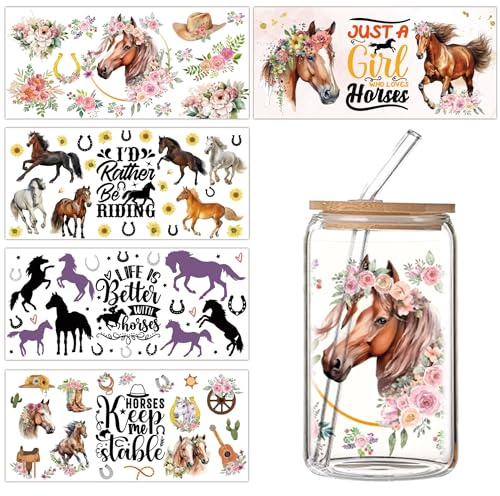 Cup Wraps Transfer Horse Stickers - 5 Pcs Rub On Transfers UV DTF Sticker with Flowers Crafts Horse Theme Waterproof Stickers for Personalized Water Bottle for Girls Boys 16 Oz Cups Presents