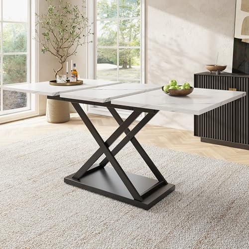 Merax Dining table 120-160×80x75cm, Extendable Kitchen Table with iron metal Legs and white MDF Desktop with marble patterns, for 6-8 People, for Home & Office, white/black