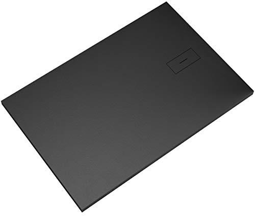 Essence - Plato de ducha de mármol de resina - Ultraslim efecto piedra pizarra - Modelo ámbar - Mineralmarmo con Gelcoat - Desagüe de diseño en color negro