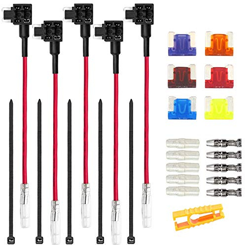 Aiqeer 5 Pezzi 12V / 24V Basso-Profilo Add-a-Circuit Portafusibili, Adattatore Fusibili Auto con 16 AWG Cavo, Gratuito 6 Pezzi Fusibili a Lama Micro e Estrattore di Fusibili (Terminale di Testa)