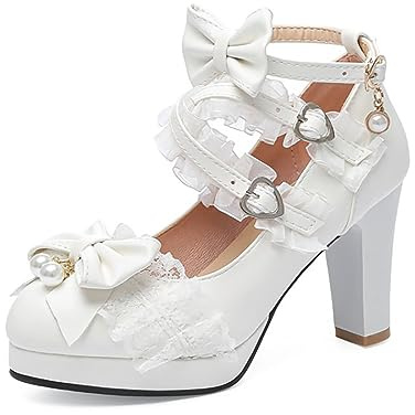 Japanese Sweet LolitaPlatform Mary JaneTacchi Alti da Donna Lolita Cosplay Scarpe con Cinturino Incrociato Tacco Largo Mary Jane Décolleté in Pizzo