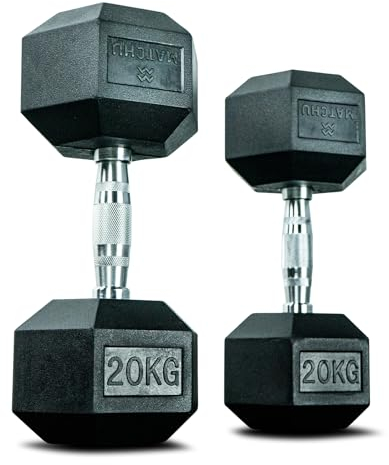 MATCHU - Hexagon Hantel - Hexagon Dumbbells - Hexagon Kurzhanteln Set - 20 KG - Satz Von 2 - Gummi - Verchromter Griff - Schwarz