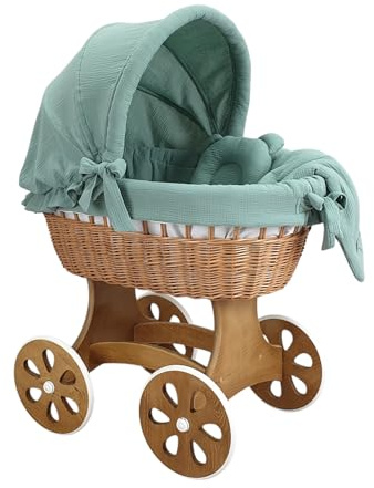 Wiklinopol Stubenwagen, Moseskorb Baby mit Gestell Annabell – Bollerwagen mit Rollen aus Naturweide – inkl. Matratze & 5-TLG. Khaki Musselin-Bettwäsche – Korb: Natur